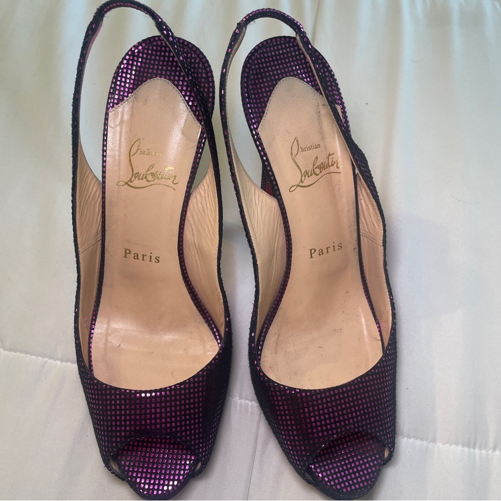 Christian Louboutin Metallic Purple/Black Textured Suede No. Prive Slingback - Picture 6 of 6